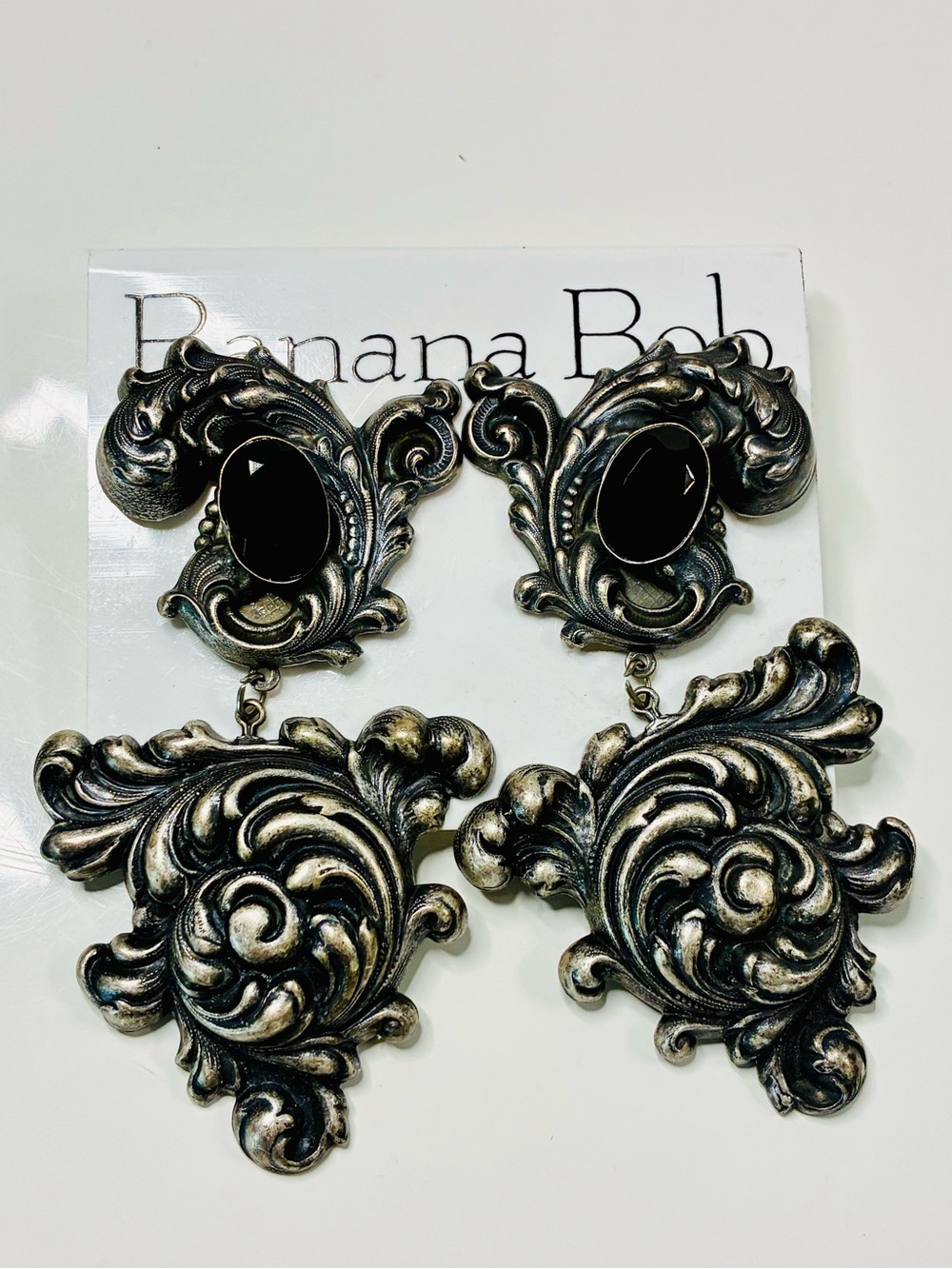 Banana Bob Baroque Scroll Drop Clip Earrings Black Faceted Cabochons 90s Runway - Picture 1 of 12